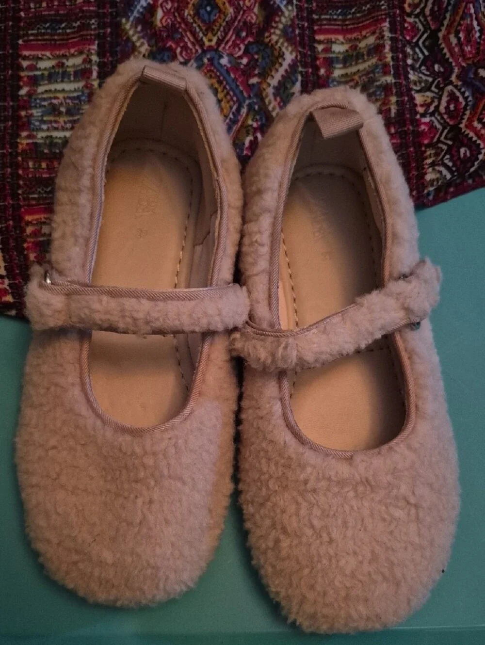 Zara Plush Mary Jane Slippers in Light Beige